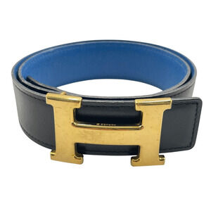 Hermes Constance H Buckle Reversible Belt Black X Blue X Gold Hardware